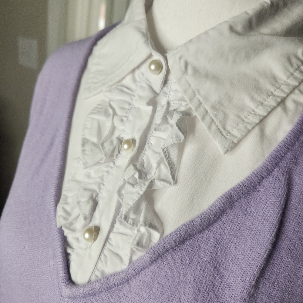Vintage Carolyn Taylor Lavender Sweater w Attached Ruffle White Blouse Size XL - Picture 2 of 6